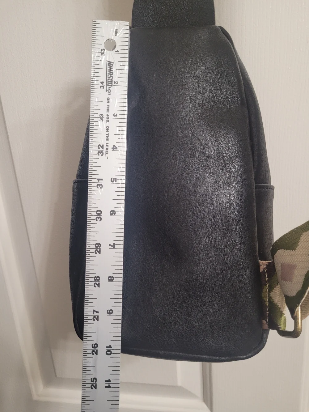 Unisex Black Leather Sling Bag with Patterned Strap By Sonoma